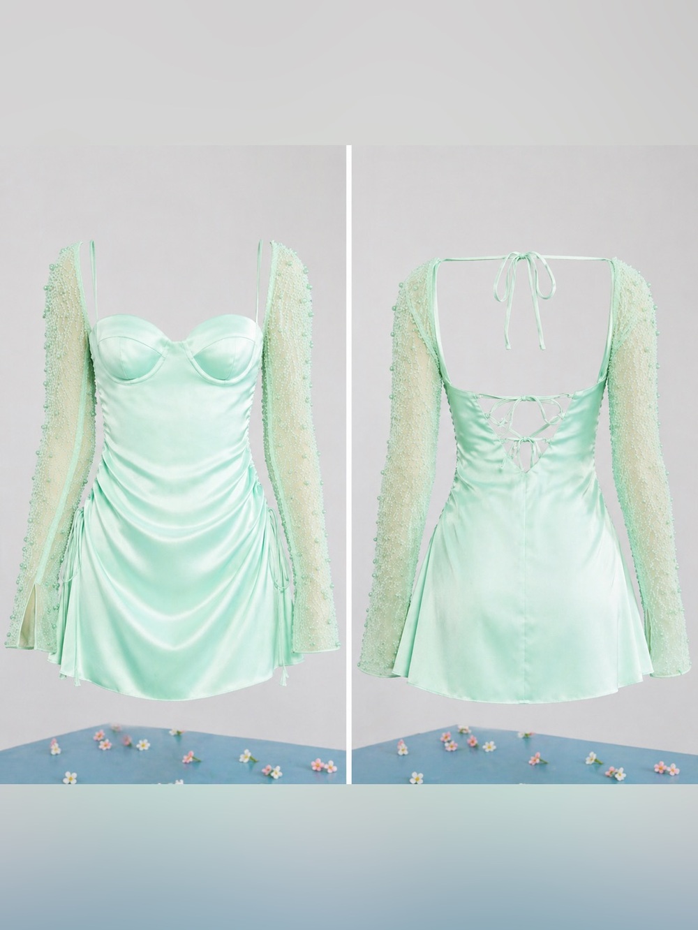 Oh Polly Mint Green Satin Bustier with Beaded Shrug